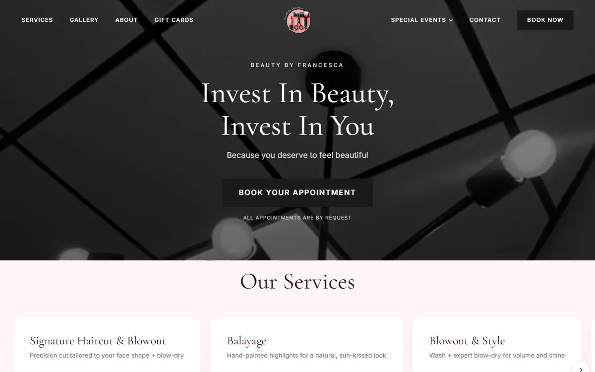 The Beauty by Francesca homepage on desktop: the headline Invest In Beauty, Invest In You above the start of the Our Services menu
