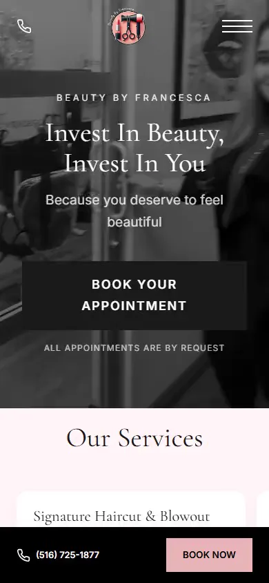 The Beauty by Francesca homepage on a phone, with the call and book bar fixed along the bottom of the screen