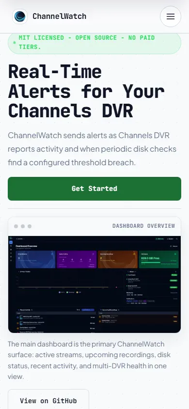 The ChannelWatch homepage on a phone: the headline, the Get Started button and the dashboard overview