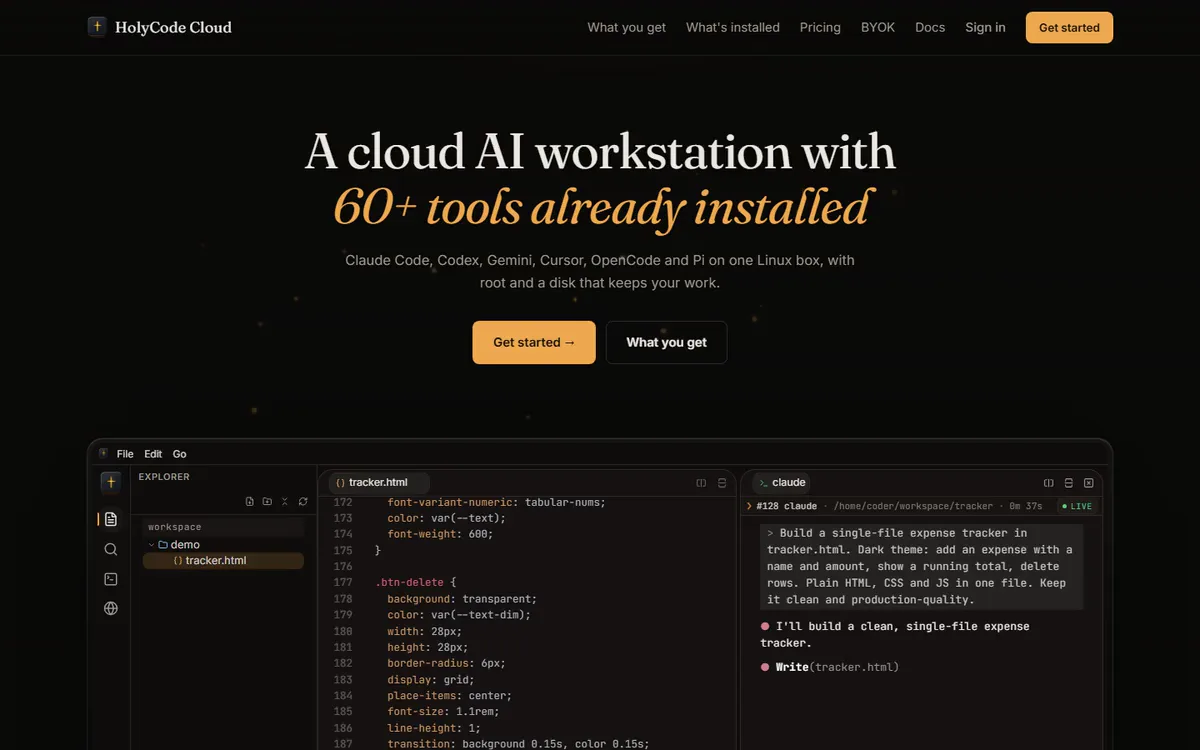 The HolyCode Cloud homepage on desktop: the headline A cloud AI workstation with 60+ tools already installed, above a replayed coding session