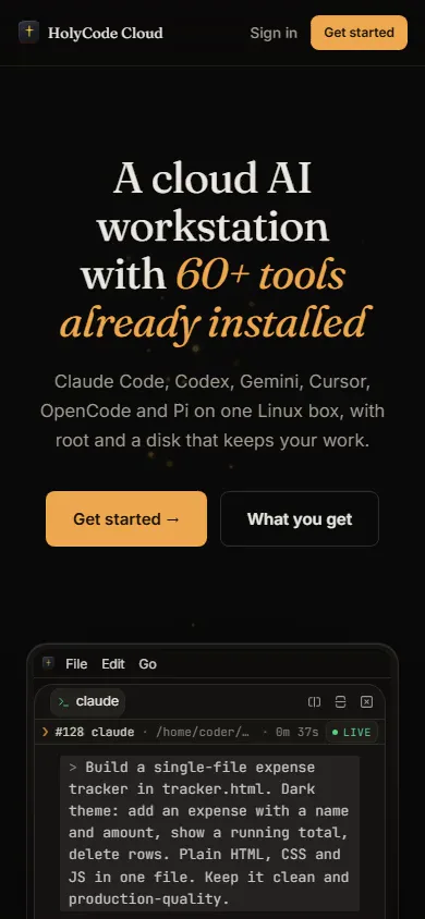 The HolyCode Cloud homepage on a phone: the headline, the Get started button and the start of the replayed session